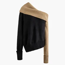 iMucci 2020 New Spring Irregular Collar Spelling Color Knitting Pullover Full Sleeves Vintage Fashion Women Sweater Tide TM1165