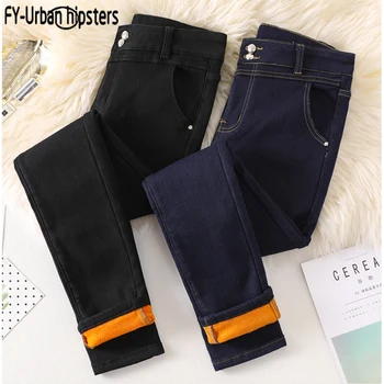 

plus size ladies denim trousers warm jeans winter women velvet jeans stretch slim elastic high waist denim cotton pencil pants