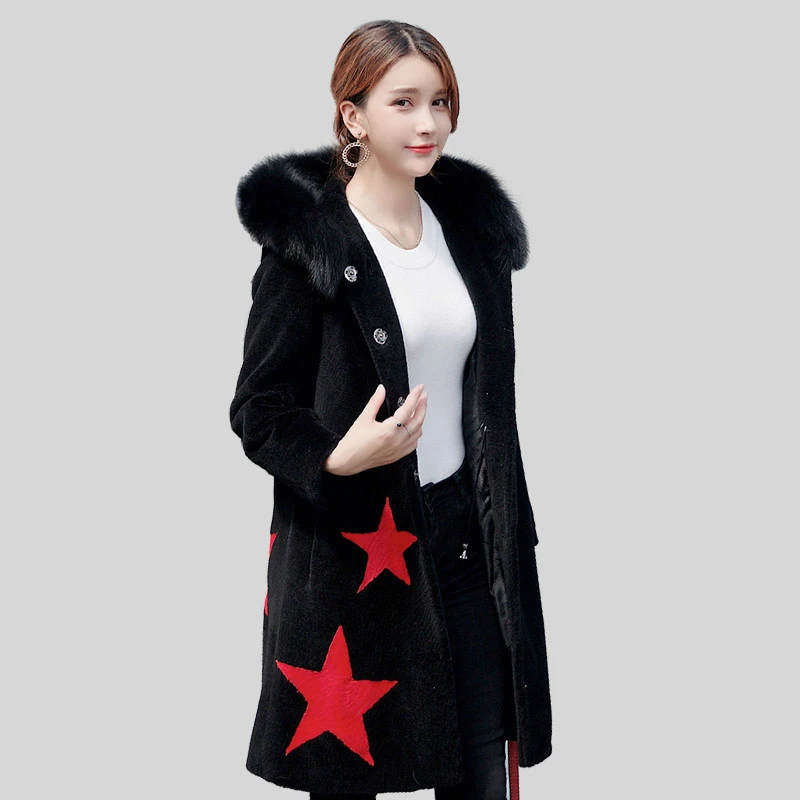 

Women Winter Real Wool Fur Coat Long Sheep Shearing Jacket Natural Fox Fur Collar Hooded chaquetas invierno mujer YQ1571