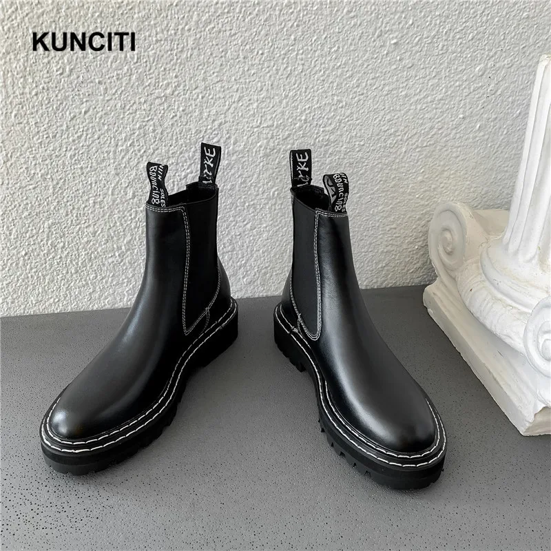 KUNCITI/ г.; белые растягивающиеся сапоги; Женская эластичная обувь из натуральной кожи; женские полусапожки без застежки; Европейская мода; онлайн; D9169