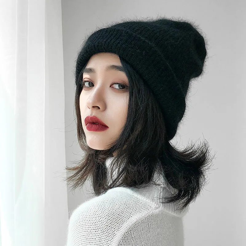 Зимние женские шапки вязаные Gorros плотные теплые мягкие женские повседневные однотонные шапка из кроличьей шерсти зимние женские шапки черные - Цвет: Color 4