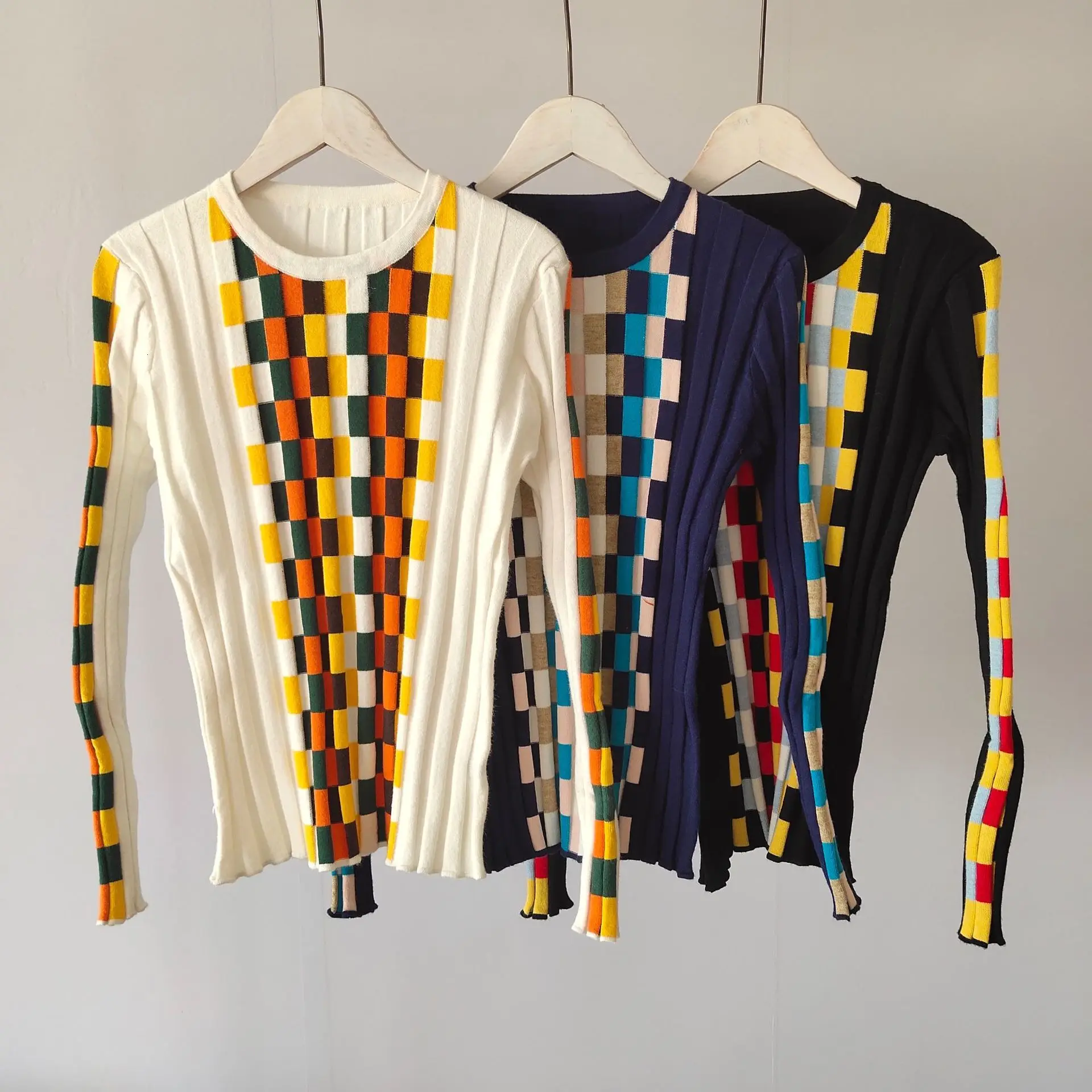 

Hot Sale Fashion Women High Quality Wool Round Neck Long Sleeve Plaid Jacquard Knitting Elastic Sweater Jumper Pullover Sweaters