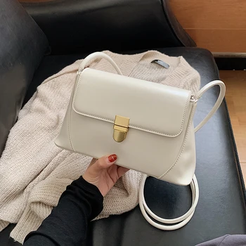 

Temperament Female Bag 2020 Designer New Elegant Solid Color Simple Shoulder Bag Fashion Lock Tide Girl Bag White Black