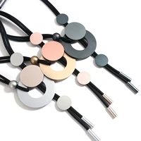 Amorcome New Style Black Rubber Long Necklace Simple Aluminum Alloy Round Pendant Necklaces for Office Ladies Jewelry