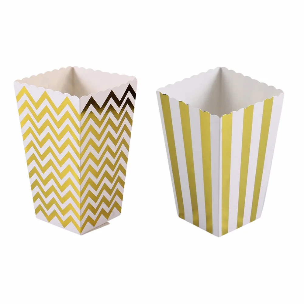 

12pcs/lot Wedding Parties Anniversary Supplies Special Package Chicken Popcorn Paper Box Holder Golden Stripes Pattern
