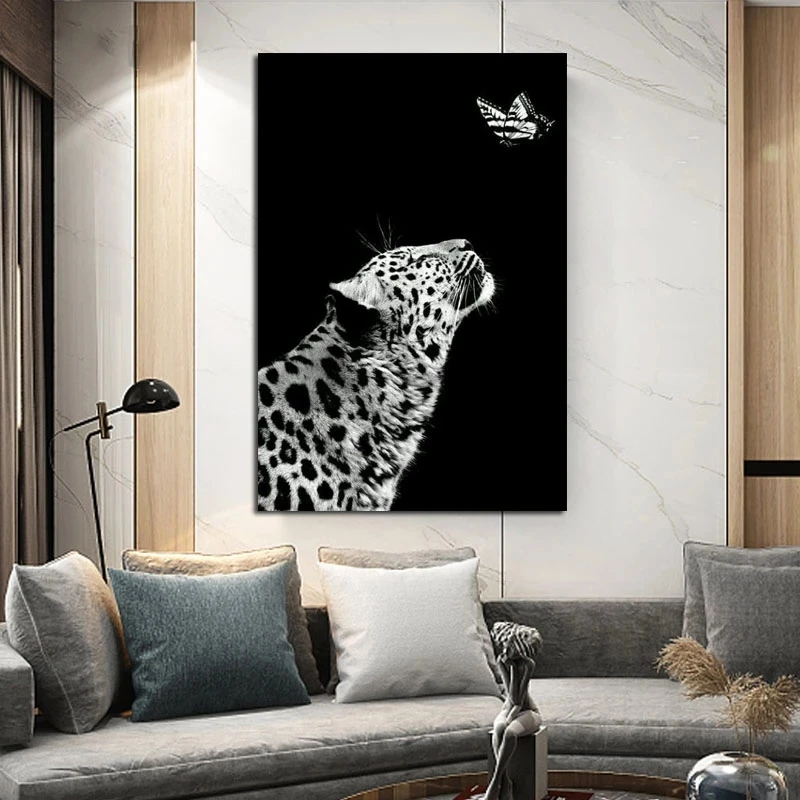 Black and White Leopard Painting Canvas Butterfly Animal Modern Poster Wall Art Pictures Home Decorative Cuadros for Living Room