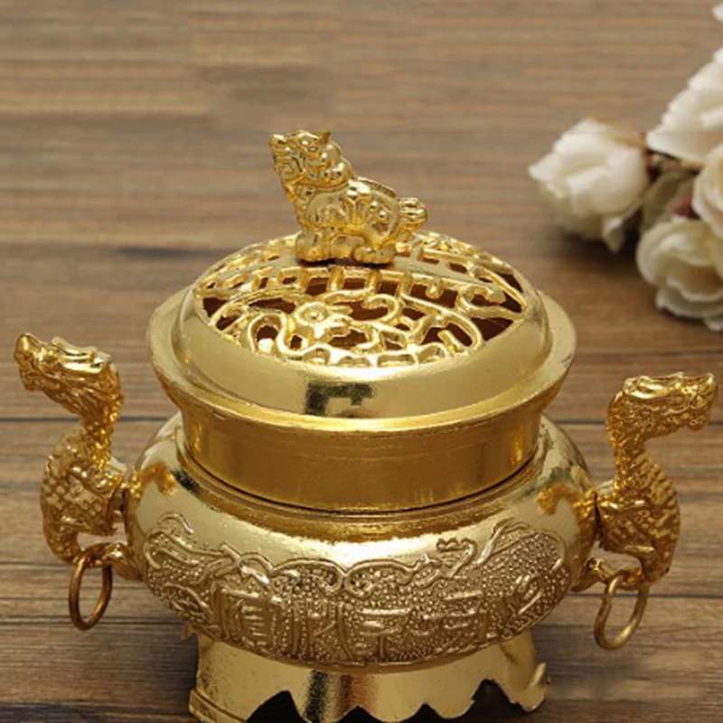 Golden Китай сплав двойной дракон полая крышка курильница Кадило-ароматерапия Декор - Цвет: Golden