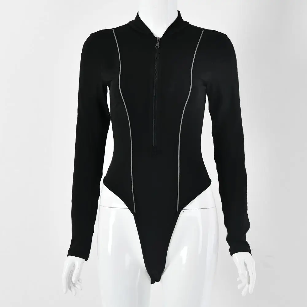 Ainyfu Fashion Sexy Patchwork Bodycon Bodysuit Women Zipper Long Sleeve Ladies Clothing Autumn Winter Solid Jumpsuits Female - Цвет: as photo