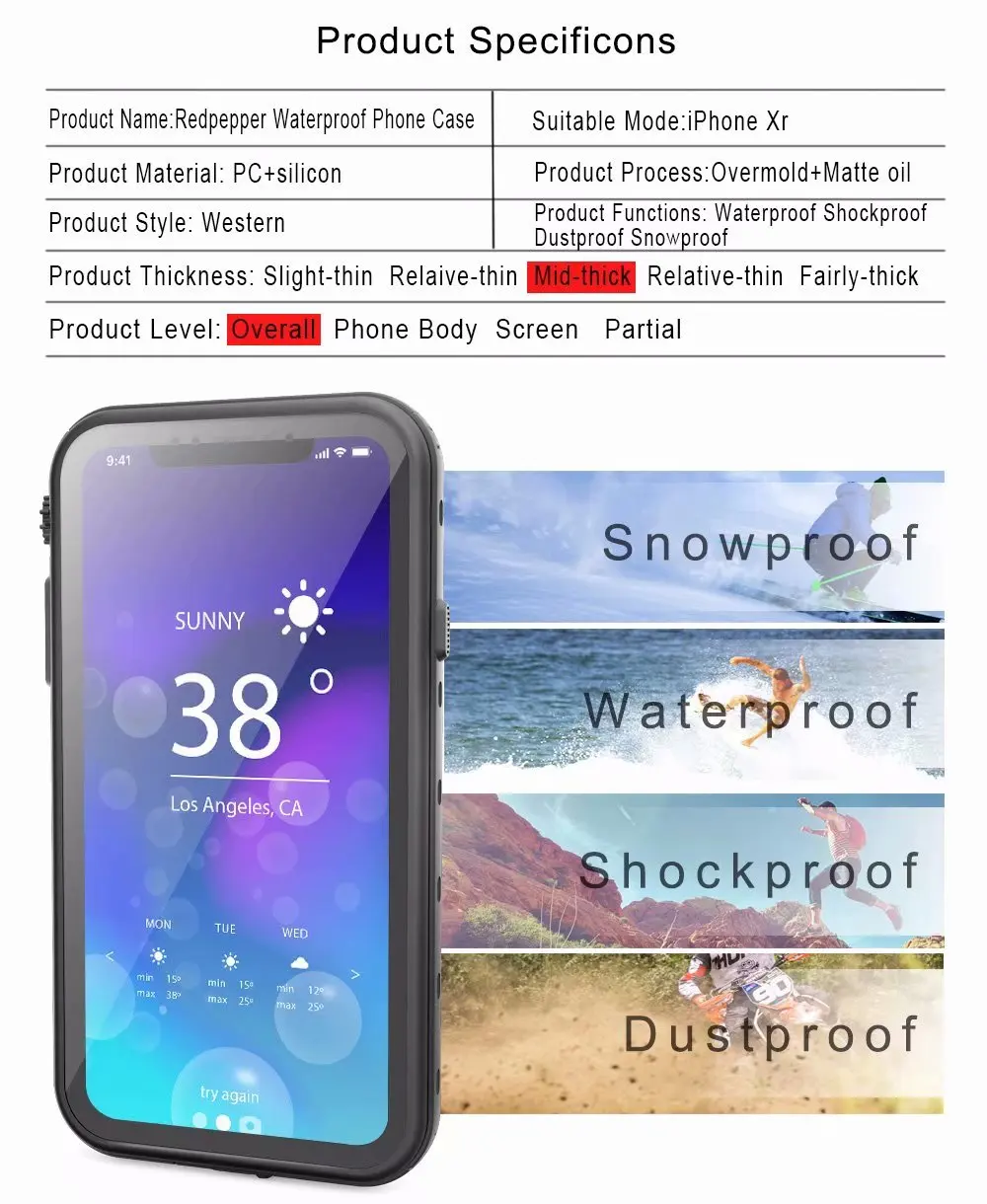 Для IPhone X XS Max XR чехол Red Pepper точка плюс прозрачный чехол-накладка IP68 Водонепроницаемый для подводного плавания Чехол-Броня из ПК+ ТПУ чехол