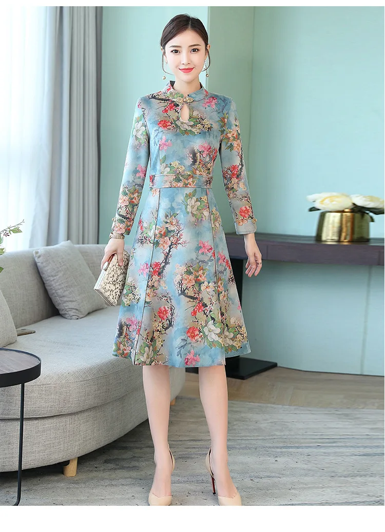 Оленья кожа бархат cheongsam платье осенняя одежда стиль женщин среднего возраста платье элегантный этнический стиль с длинным рукавом Mid-leng