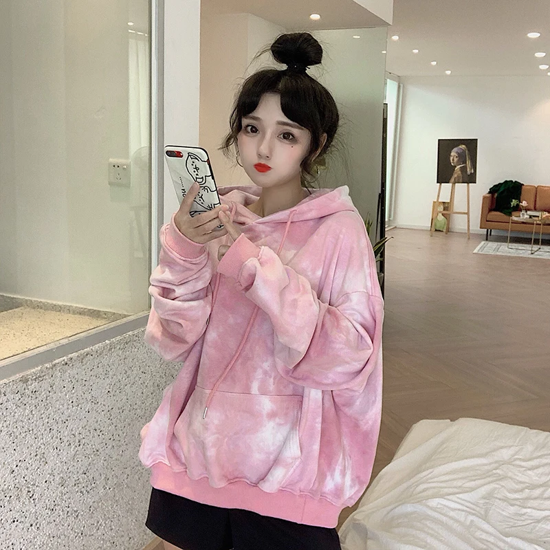 Корейские уличные милые синие толстовки KPOP галстук окрашенные Свободные Harajuku пуловер Tumblr Kawaii с длинными рукавами розовый свитер с капюшоном