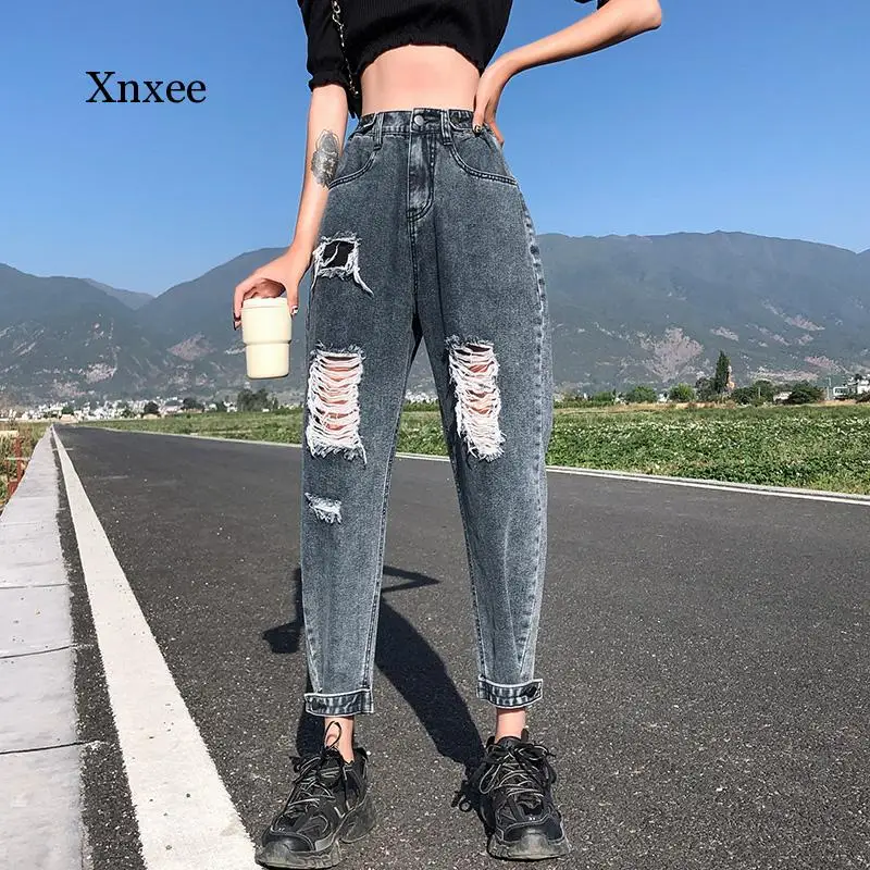 

Plus Size Boyfriend Jeans for Women Destroy High Waisted Jeans Harem Loose Style Ripped Jeans for Women Casual Distressed Jeans