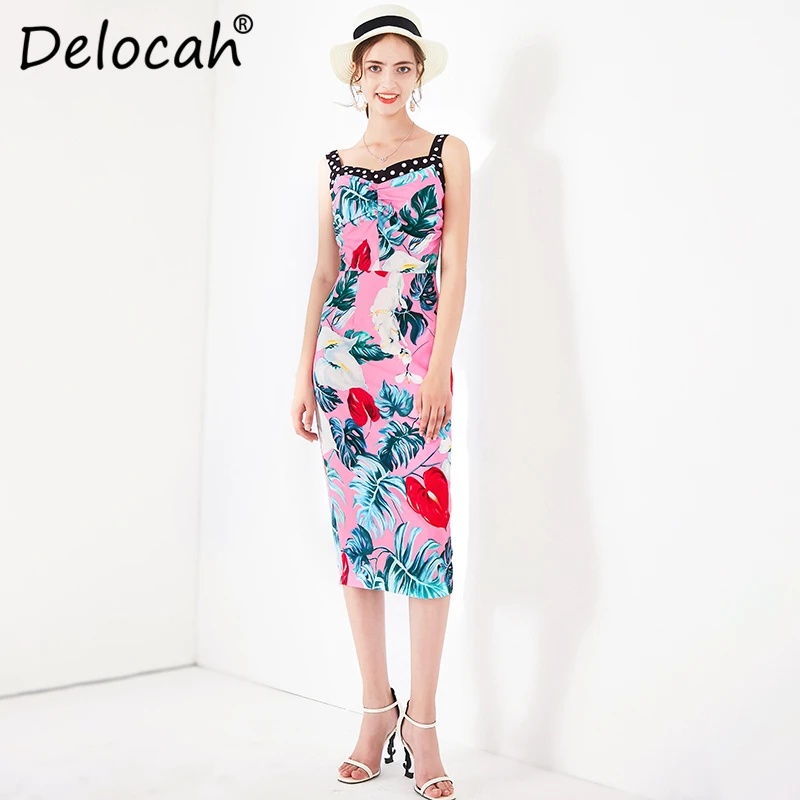 Delocah, весенне-летнее женское платье, подиумное, модное, дизайнерское, сексуальное, на тонких бретельках, в горошек, с растительным принтом, тонкое, офисное, женское платье