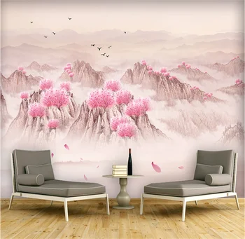 

Peach blossom artistic conception landscape cloud fog background wall custom wallpaper 8D waterproof wall covering