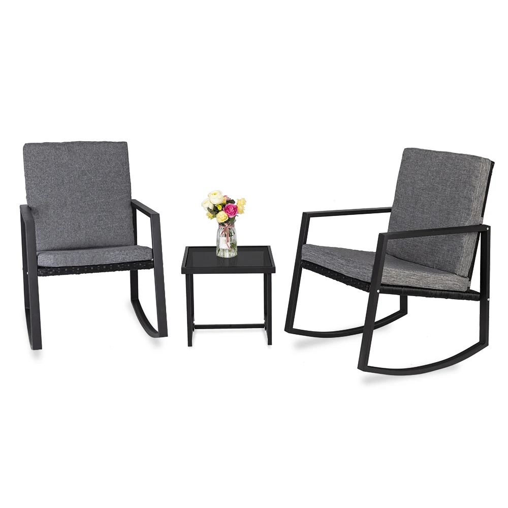 【US Warehouse】3 PCS Rocking Chairs Set Outdoor Patio Furniture with Glass Coffee Table (Black) (Outdoor rattan sofa 【US Warehouse】3 PCS Rocking Chairs Set Outdoor Patio Furniture with Glass Coffee Table (Black) (Outdoor rattan sofa