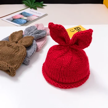 

Cute Rabbit Ear Baby Girl Hats Autumn Winter Children's Knit Headdress Plus Thick Windproof Wool Kids Hat Cap Warm Earmuff Muts