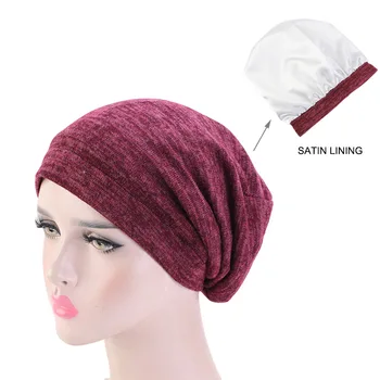 

Helisopus New Solid Color Stretch Turban Women Satin Silk Lined Sleeping Cap Muslim Cotton Beanie Bonnet Cap Hair Accessories