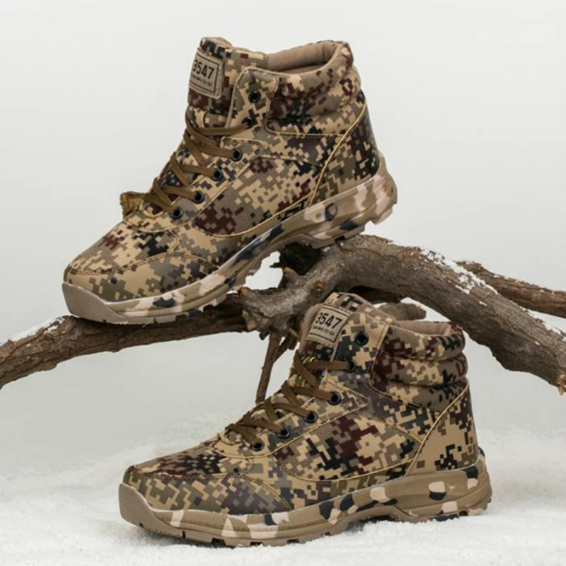 Уличная Зимняя обувь мужская прогулочная обувь на искусственном меху со шнуровкой Рабочая обувь Нескользящая теплая хлопковая камуфляжная обувь Botas De Hombre
