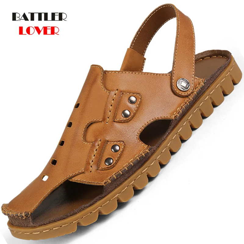 Summer Genuine Cow Leather Outdoor Shoes Men Sandals Handmade Classic For Male Soft Rubber Walking Beach Sandalias Sandal Slides