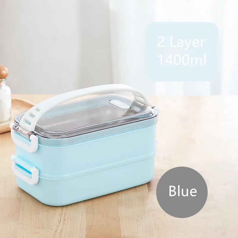 2 Layer Blue Портативный Ланч-бокс из нержавеющей стали 304, многослойные коробки для обедов бенто, набор посуды, микроволновая печь для взрослых, детский пищевой контейнер - Цвет: 2 Layer Blue