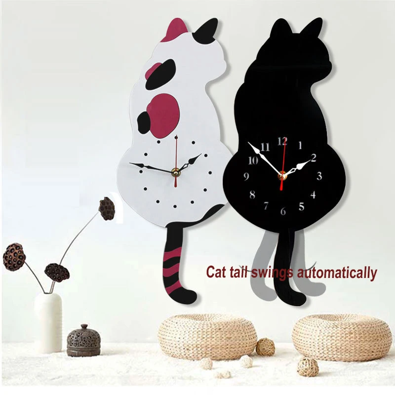 QMJHVX Creative Acrylic Lovely Cat Wall Clock Living Room Study Corridor Automatic Shake Tail Home relogio de parede | Дом и сад