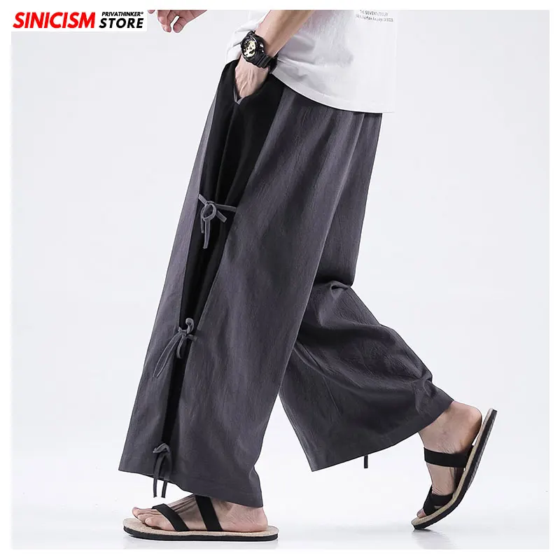 Sinicism Store мужские новые хлопковые льняные повседневные брюки мужские винтажные широкие брюки мужские осенние большие брюки на пуговицах длинные брюки
