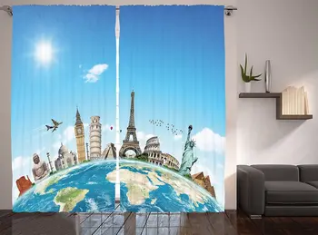 

Travel Curtains Famous Monuments of Pisa Taj Mahal Giza Pyramids Paris Landmarks Theme Living Room Bedroom Window Drapes Pale