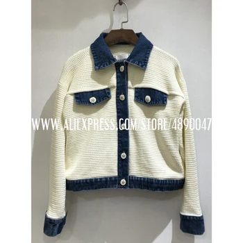 

Knitted Jacket Single Row Button Top Knit Cardigan Jacket High Quality Denim stitching knitted long sleeve jacket with pockets