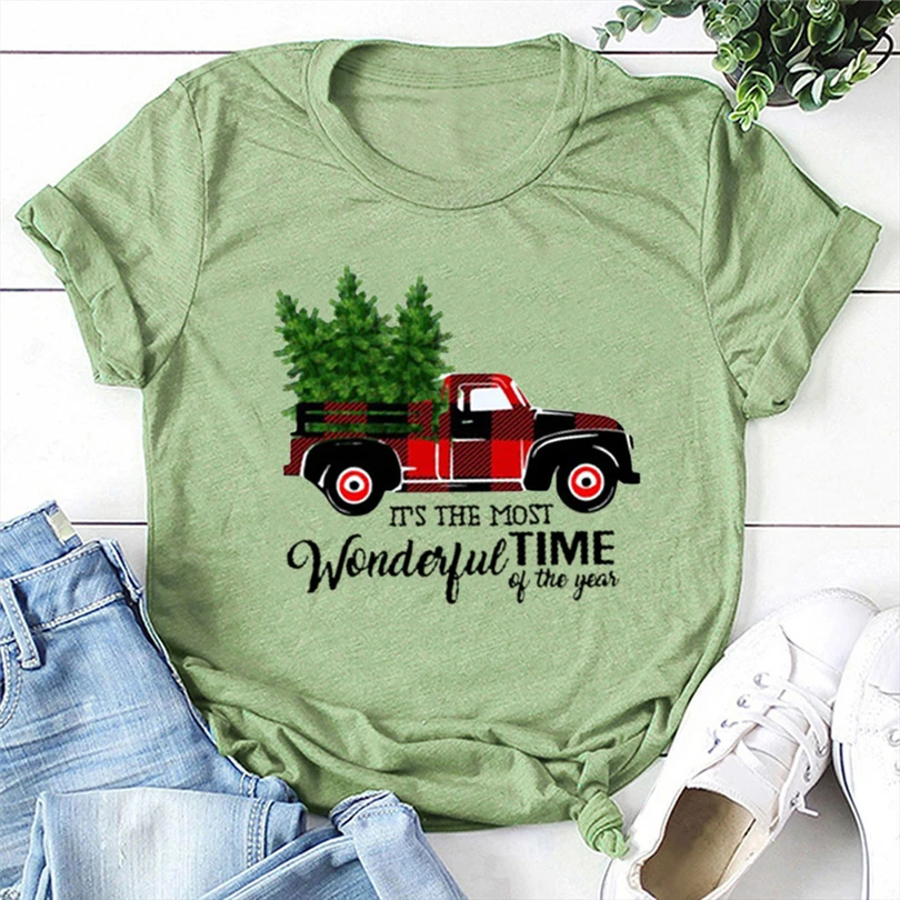 

Merry Christmas Shirts Womens Truck Trees Camper Printed Tee Top Graphic Tshirt Female T-shirt Christmas Gifts Santa Tunic A50