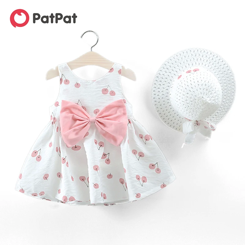 

PatPat 2020 New Summer 2-piece Baby and Toddler Fruit Apple Cherry Allover Bow Decorative Sleeveless Dress and Hat Set