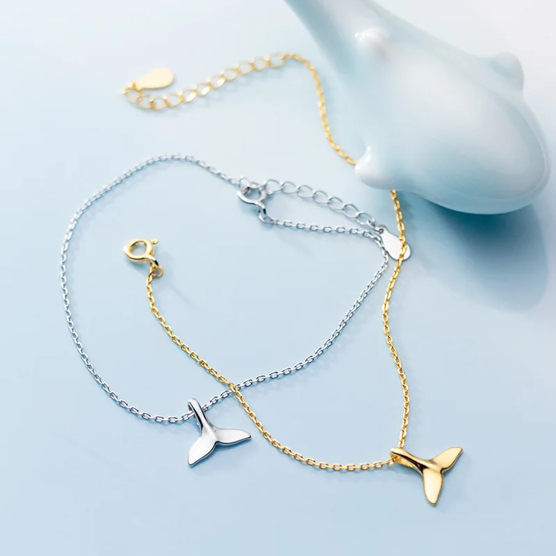 

Fashion 100% 925 Sterling Silver Cute Mermaid Fishtail Bead Gold Color Plated Link Chain Hand Bracelets for Women Jewelry Gifts