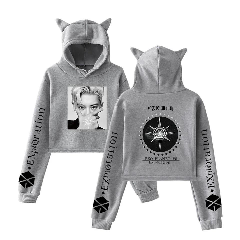 EXO PLANET-#5-Разведка Ulzzang кошачьи уши толстовка с капюшоном осенние женские кампусные пуловеры Harajuku Повседневная укороченная Толстовка