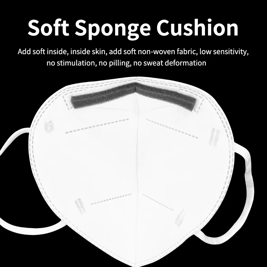 Gros plan sur le masque KN95 montrant les plis et le pont nasal, lot de 60 pour protection respiratoire.