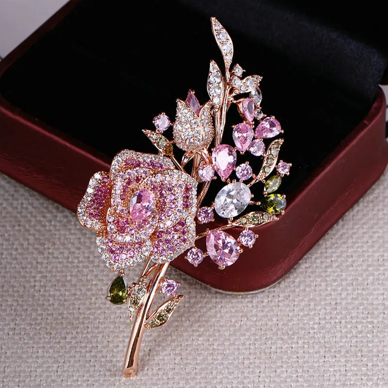 

Big New Colorful CZ Rose Flower Shaped Brooch Pin Romantic Wedding Party Large Brooches for Woman Fashion Jewelry