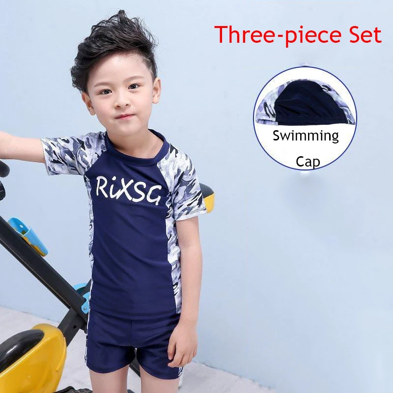 3 Piece Set Купальный костюм для мальчиков, милый купальник для серфинга с принтом, пляжный купальный костюм, плавки для плавания, кепка, очки для рук, круги - Цвет: 3 Piece Set