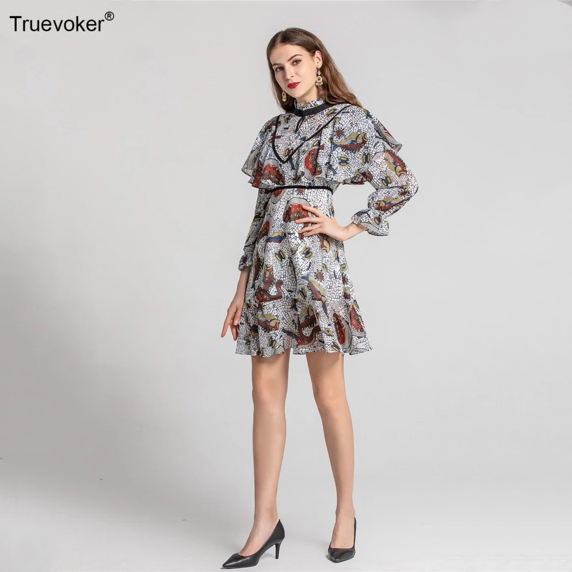 Truevoker весенние дизайнерские Vestidos Женские винтажные Длинные рукава с принтом рыбы и оборками праздничное платье Femme Ete Ретро Vestidos