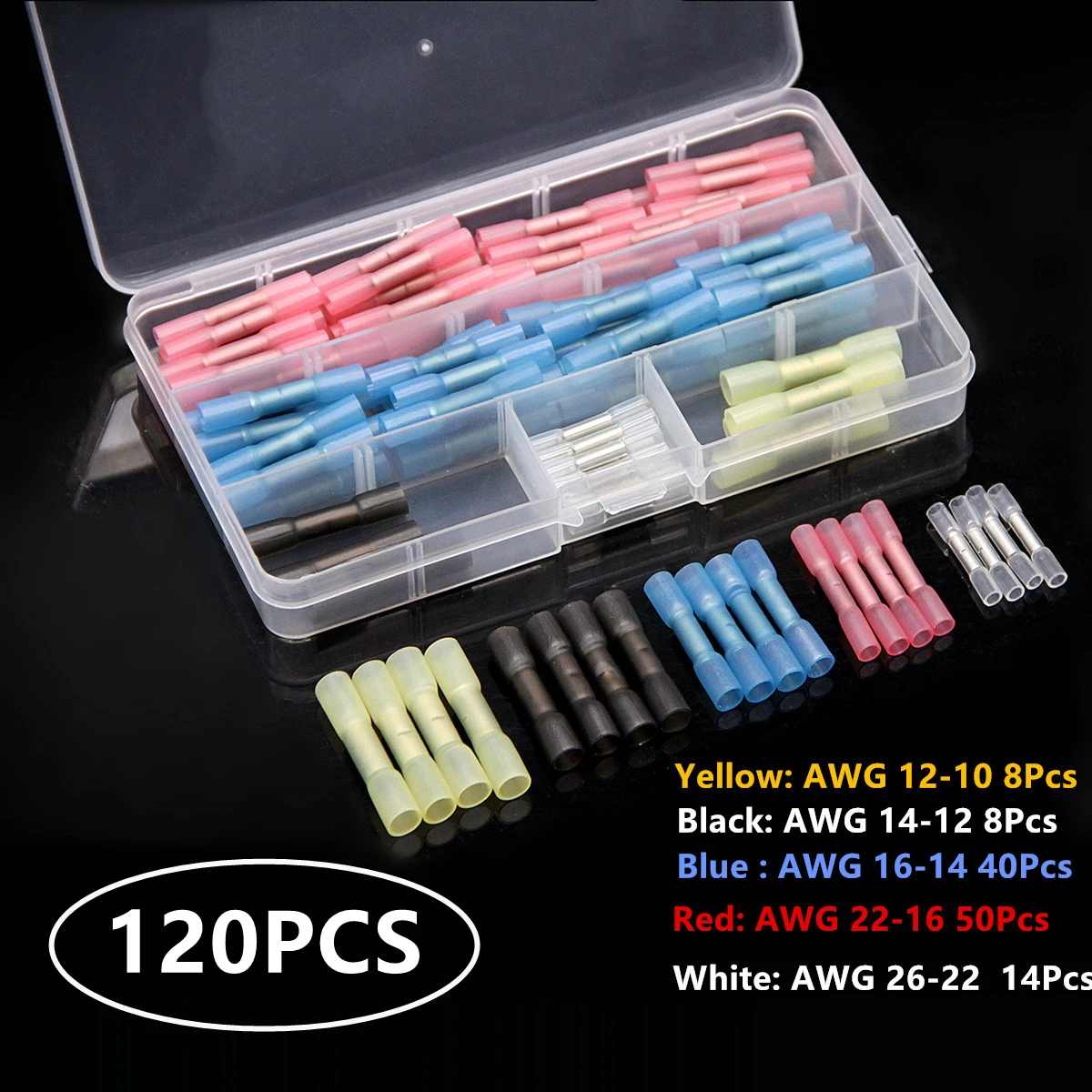 Термоусадочные стыковые клеммы, водонепроницаемые полностью изолированные электрические разъемы, паяльные втулки AWG 26-10, автомобильные аксессуары, 120 шт.