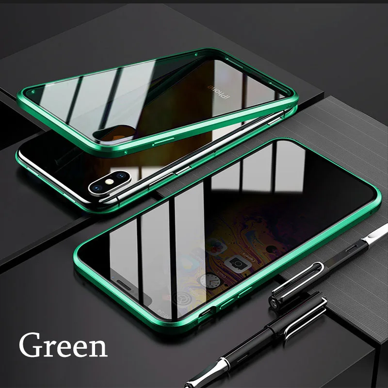 Green Конфиденциальный анти-пип чехол для телефона для iPhone 11 Pro Max XS MAX XR XS X 7 8 6s 6 Plus металлический магнитный адсорбционный чехол - Цвет: Green
