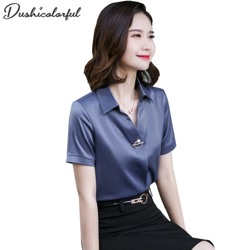 white satin short sleeve blouse