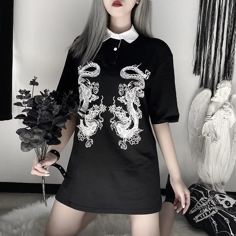 Женская футболка поло GOTH GIRL черная свободная с коротким рукавом вышивкой дракона