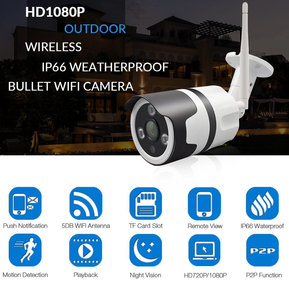 HD 1080P IP P2P Беспроводная Wi-Fi уличная Водонепроницаемая камера ночного видения с функцией обнаружения движения для домашних животных