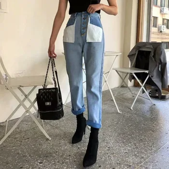 

SHENGPALAE 2020 Korean Fashion Loose Stitching Pockets New summer Patchwork Color Jeans High Waist Women denim Pants FM67205S