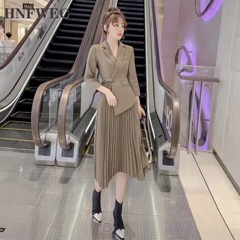 

2020 Spring Elegant Women Dress Mock Two-Piece Pleated Suit Dress Office Lady A-Line Solid Draped Dress V915