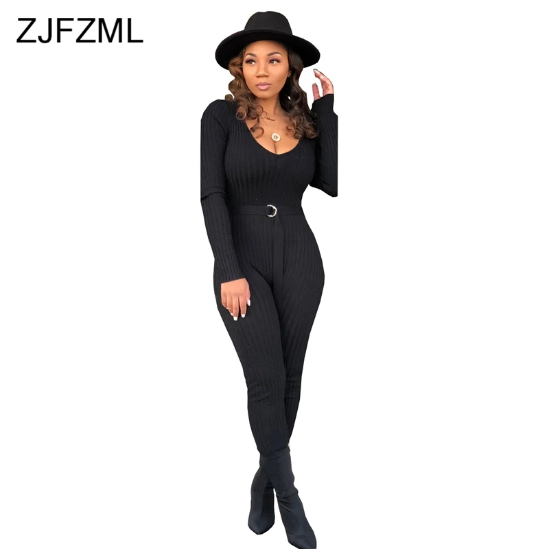 

Long Sleeve Sexy Rompers Womens Jumpsuit Fashion Deep V Neck Rib Plus Size Bodysuit Spring Autumn Ladies One Piece Basic Overall