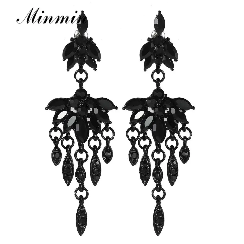 Minmin Unique Black Rhinestone Long Chandelier Drop Earrings Women Retro Hanging Crystal Tassel