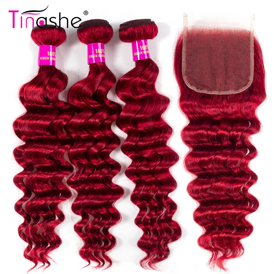 Tinashe волосы красные пучки с закрытием Remy бразильские человеческие цветные 3 пучка