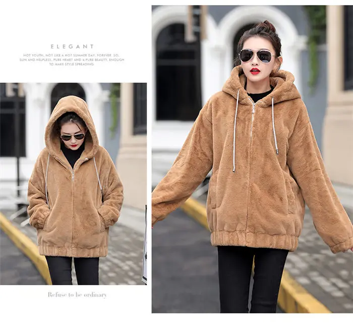 Faux Rex Rabbit Fur Coat Female Winter New Long Sleeve Korean Loose Plush Thick Hoodies Sweatshirt Jacket For Women f2084