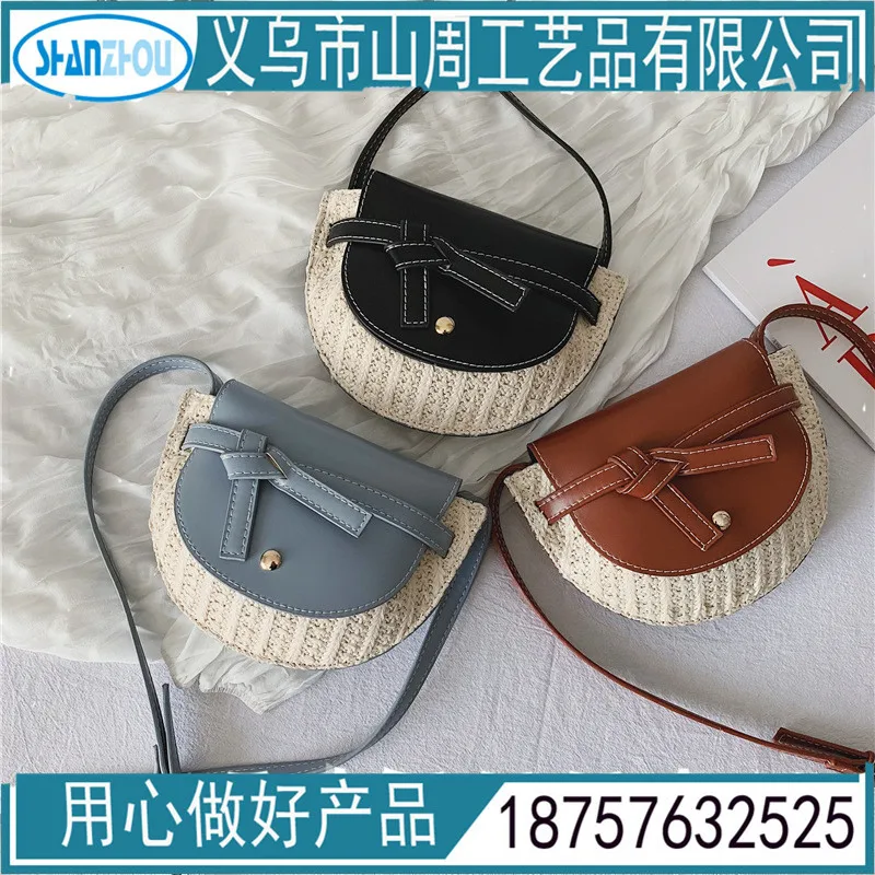 

2019 new fashion straw bag leather stitching shoulder bag woman wild Messenger commuter bag casual dual-use handbag