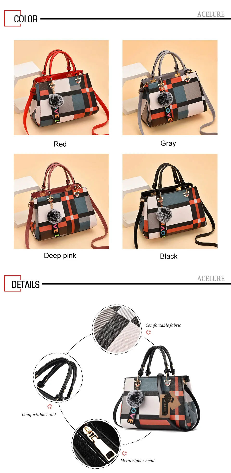 ACELURE Trendy Fashion Patchwork Women Crossbody Bags High Quality PU Leather Female Shoulder Bag with Fur Ball Handbag 4 Colors