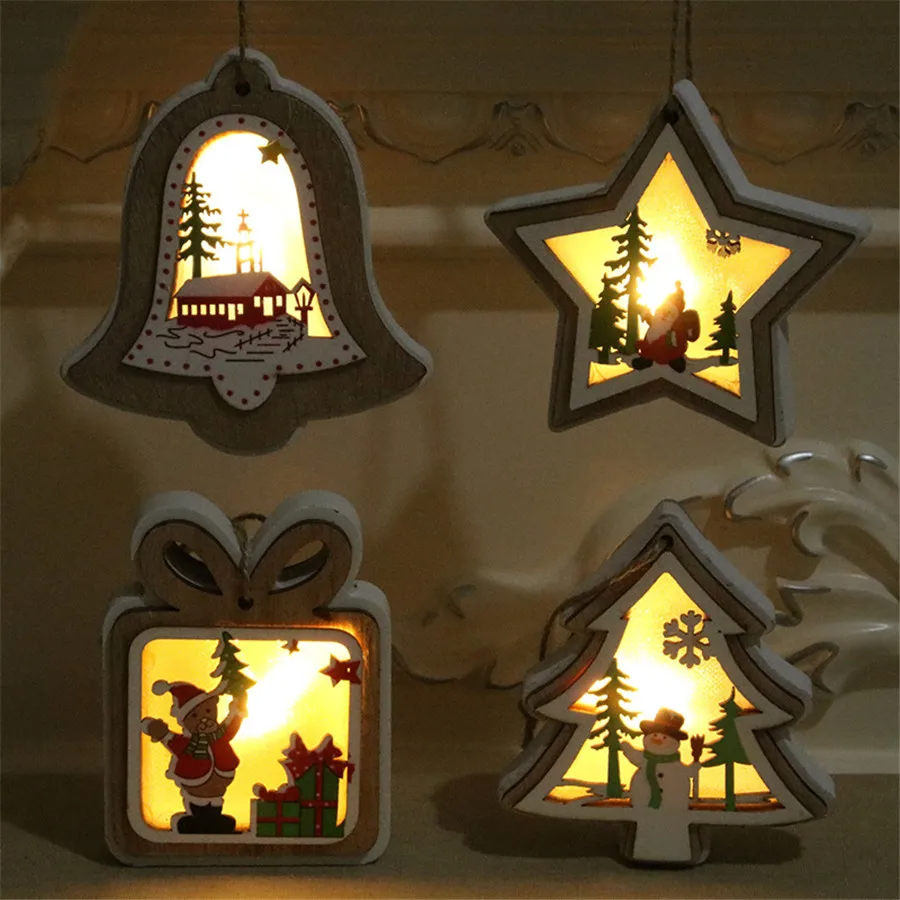 

Wholesale Christmas Decorations for Home New Year with Lights Shiny Wooden Pendants for Christmas Trees Santa Claus Navidad